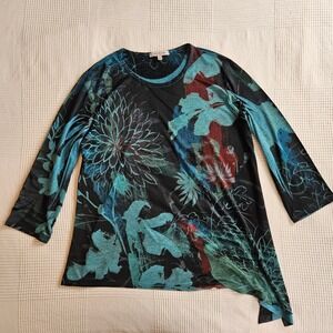 Jess & Jane Women XL Teal Floral Abstract Asymmetrical Hem Art to Wear Tunic Top